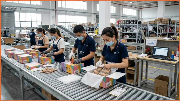 EboxMan Chinese fulfillment center staff packing cowhide sandals for international dropshipping