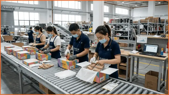 EboxMan Chinese fulfillment center staff packing cowhide sandals for international dropshipping