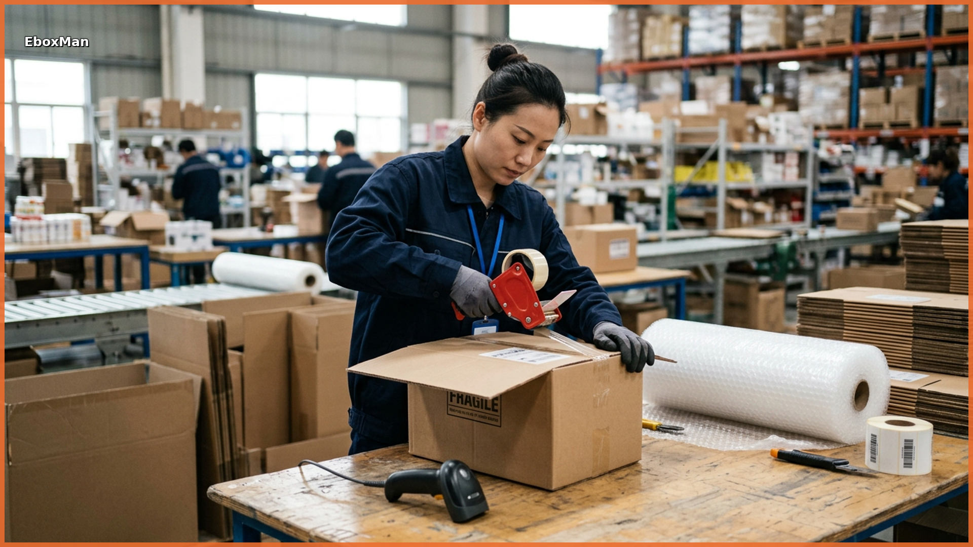 Warehouse employee packing a dropshipping order for international shipping