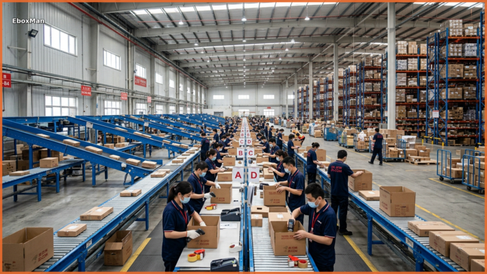 Chinese fulfillment warehouse staff packing dropshipping orders at EboxMan