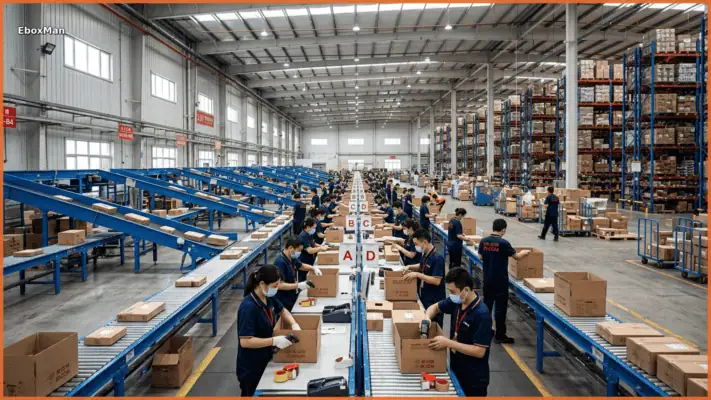 Chinese fulfillment warehouse staff packing dropshipping orders at EboxMan