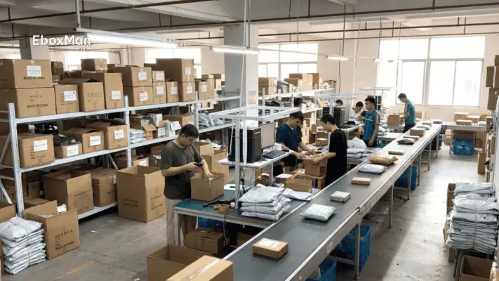 Warehouse staff packing parcels for DDP shipping to prevent customs fee chargebacks