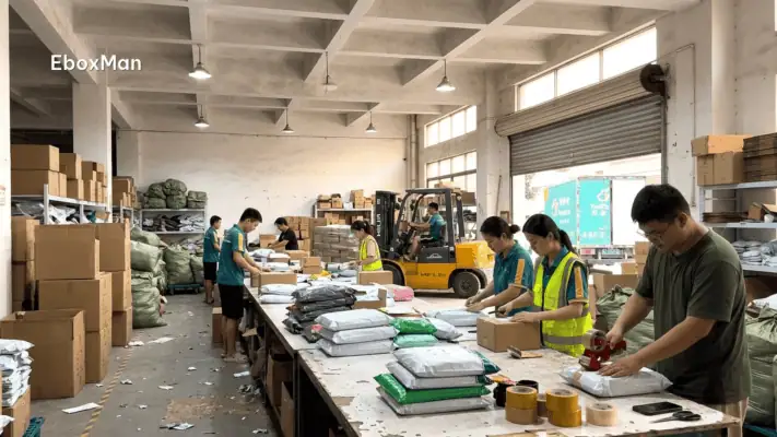Chinese warehouse staff packing dropshipping orders for shipment