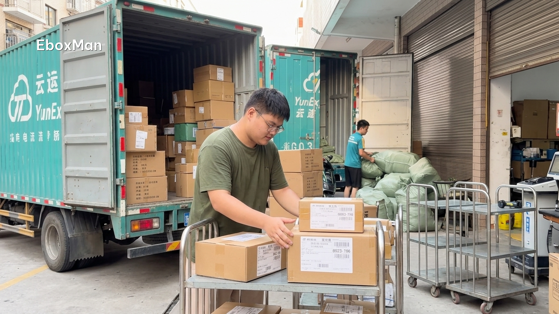 How to evaluate a China sourcing agent: 12-point checklist 2 Outbound parcels loaded for delivery with tracking labels at China fulfillment warehouse