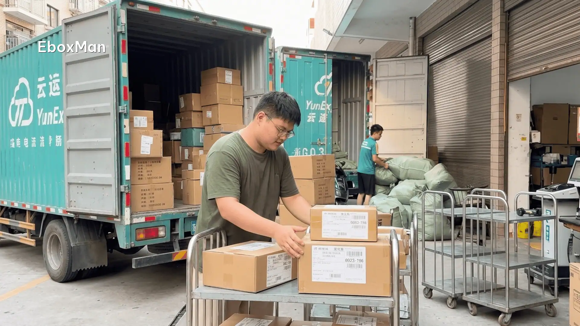 How to evaluate a China sourcing agent: 12-point checklist 2 Outbound parcels loaded for delivery with tracking labels at China fulfillment warehouse