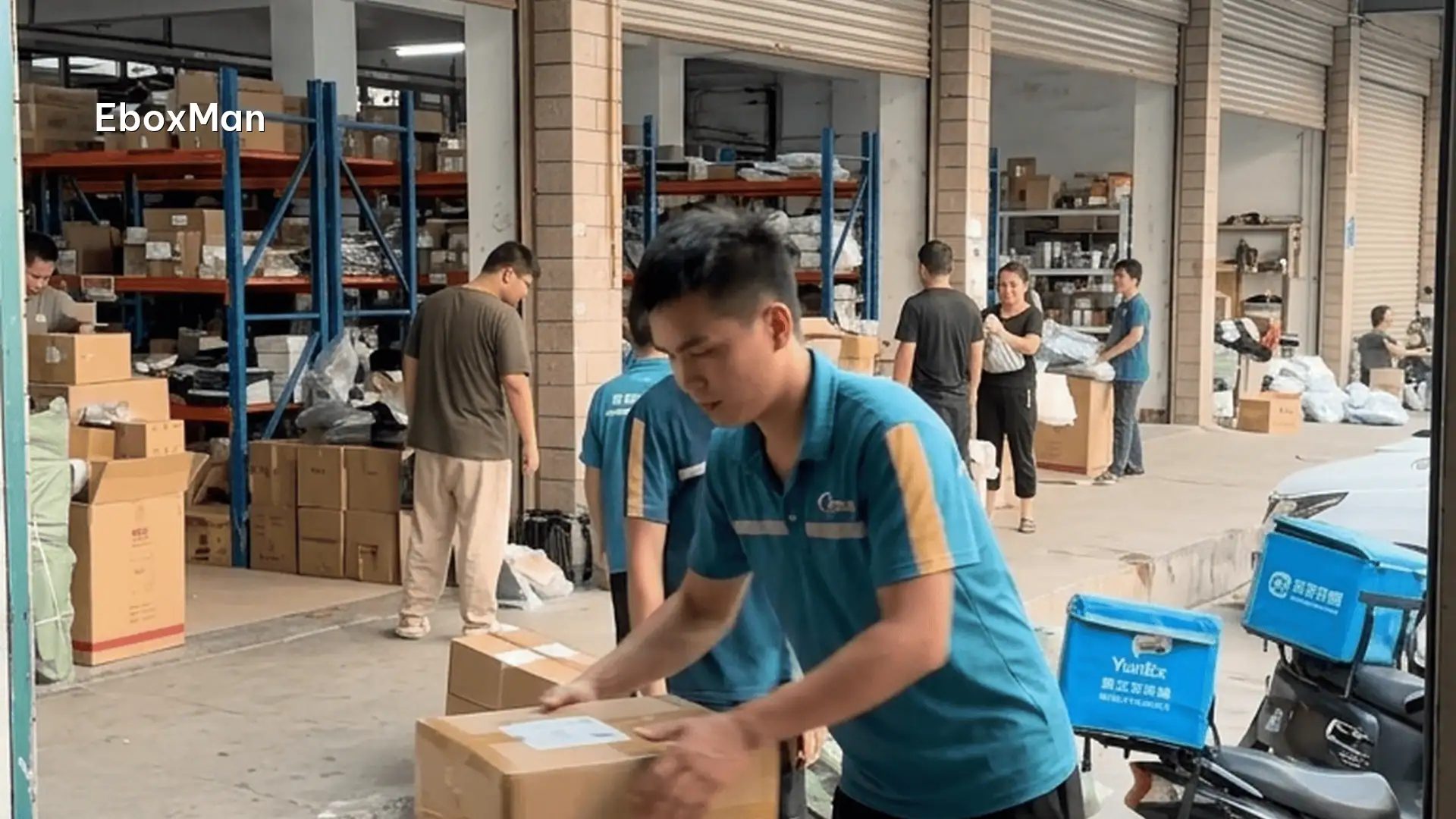 Warehouse worker loading DDP parcels for export shipment