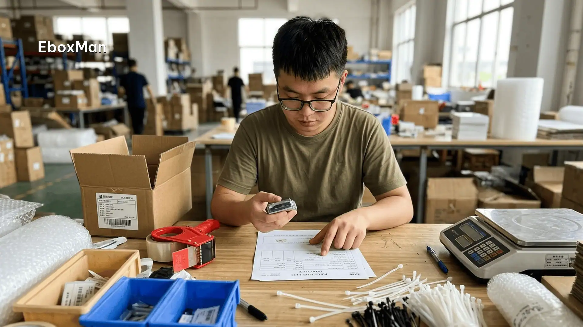 QC inspection desk checking product against invoice before customs declaration