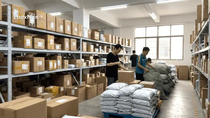 Warehouse staff scanning parcels before international shipment