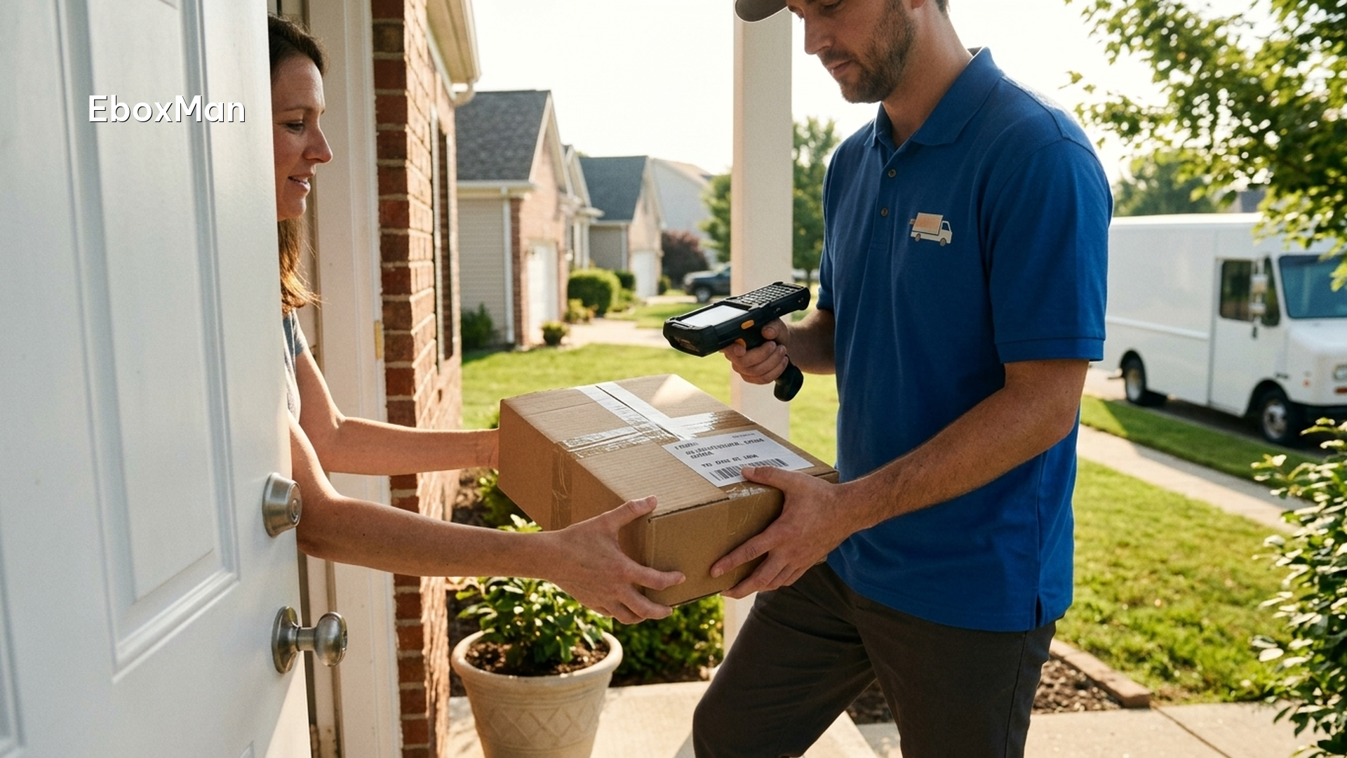Delivery driver handing a DDP parcel to a US customer at the doorstep