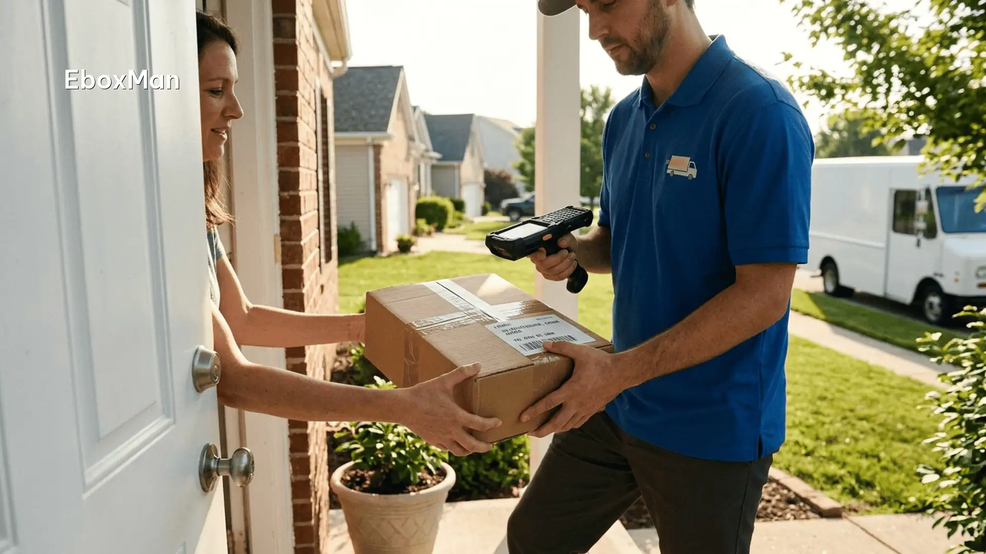 Delivery driver handing a DDP parcel to a US customer at the doorstep