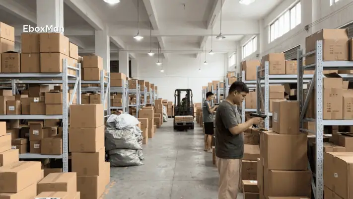 Chinese fulfillment warehouse workers scanning inventory on shelves