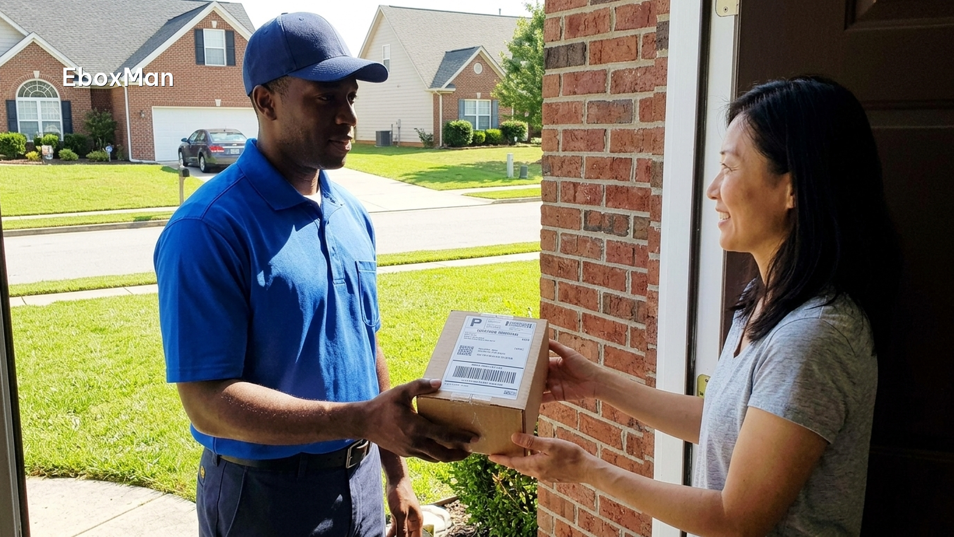 Delivery driver dropping off a dropshipping parcel at a US doorstep