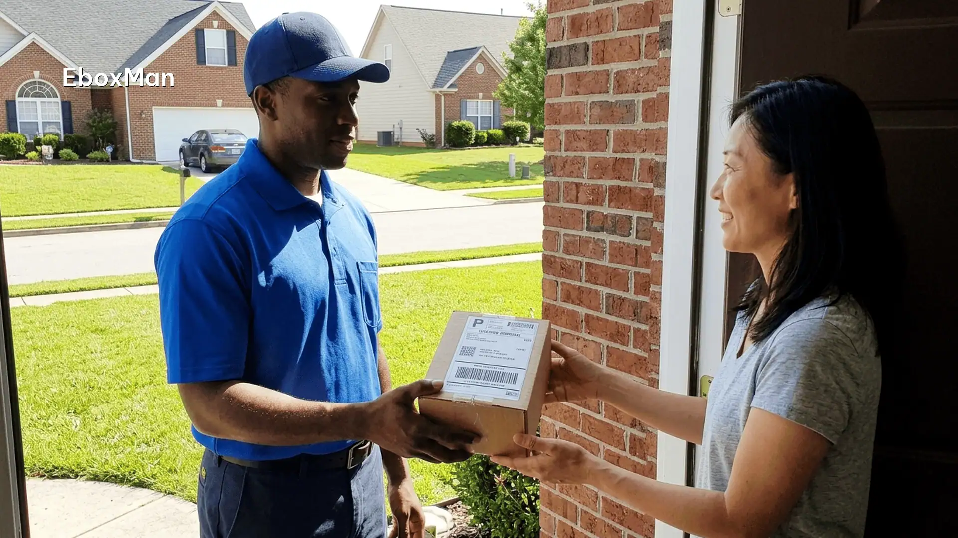Delivery driver dropping off a dropshipping parcel at a US doorstep