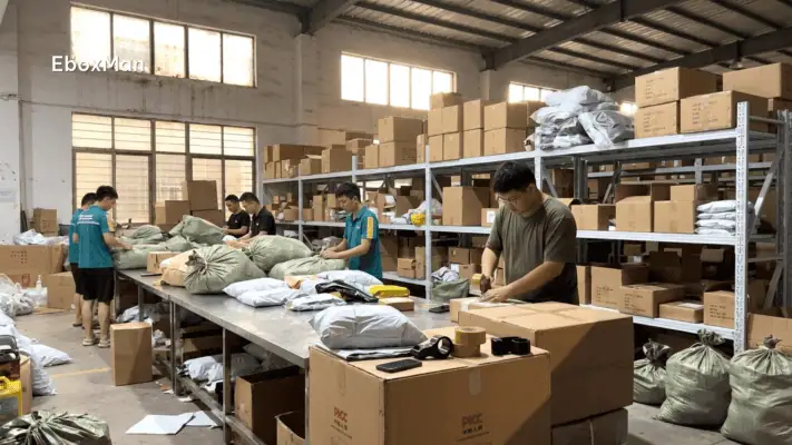 Warehouse staff packing dropshipping orders in a China fulfillment center