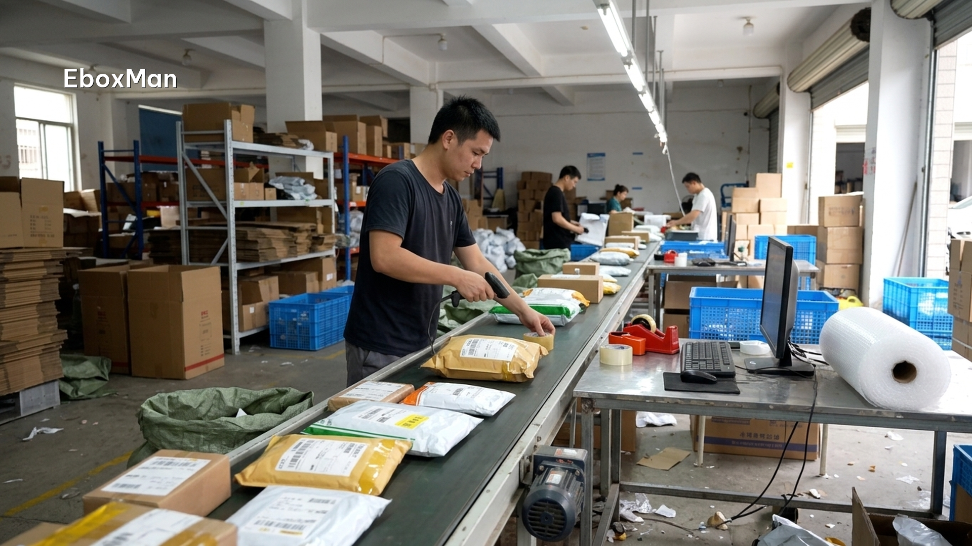 Worker scanning outbound dropshipping parcels for shipment