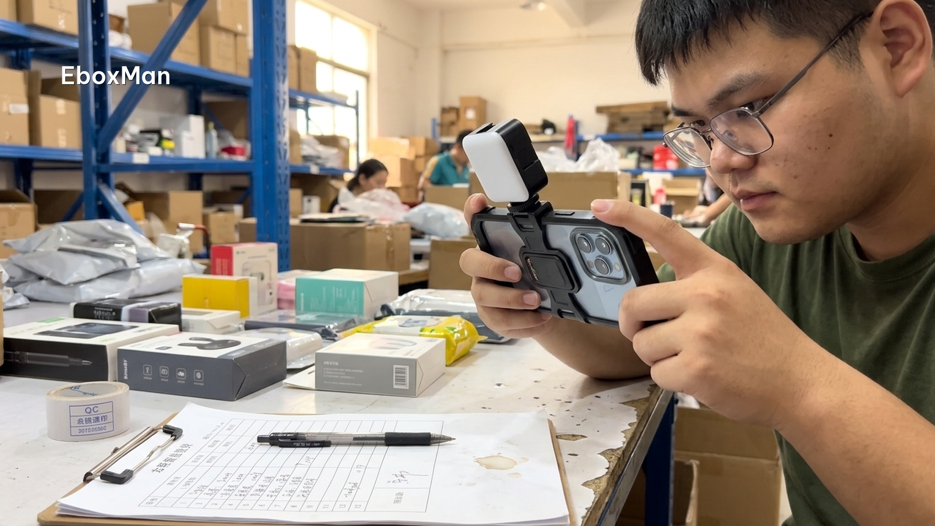 QC desk photographing a product batch before dispatch