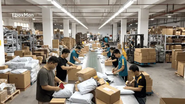 Chinese warehouse staff packing parcels ahead of Q4 peak season
