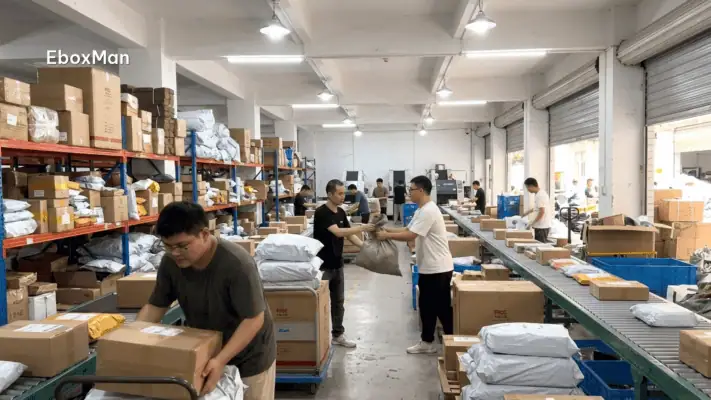 Warehouse staff moving parcels between sorting zones during a sourcing agent transition