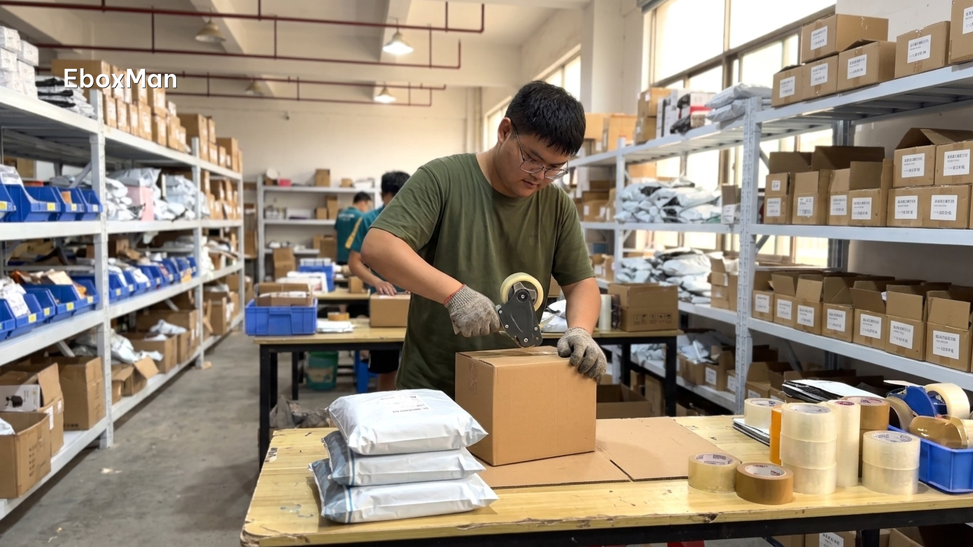 Warehouse worker packing dropshipping parcels for shipment