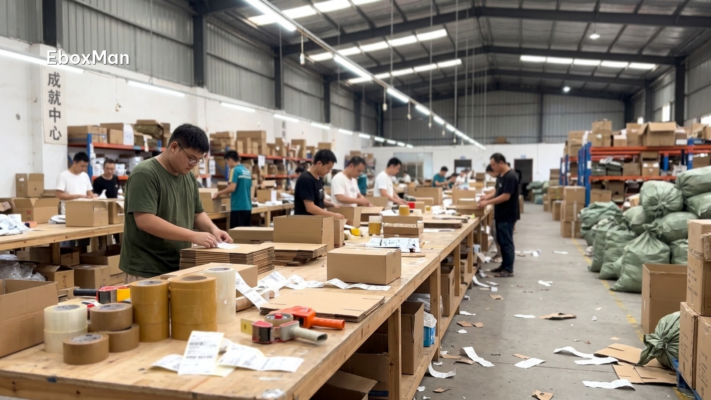 Warehouse staff packing dropshipping orders for fulfillment