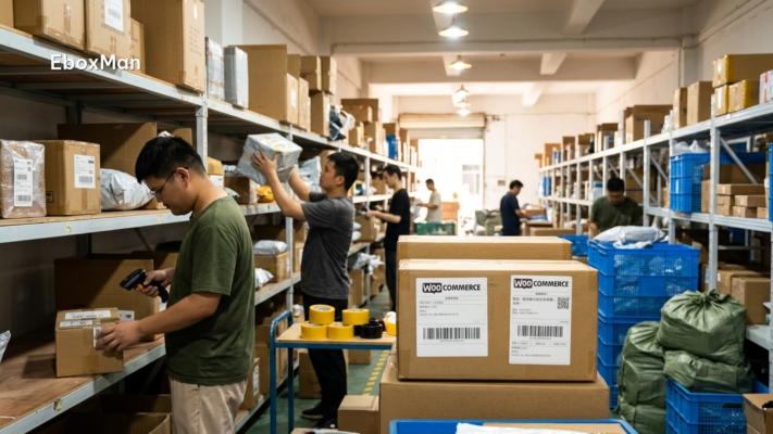 Warehouse staff scanning parcels for WooCommerce dropshipping orders