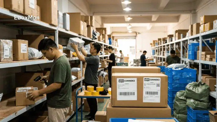 Warehouse staff scanning parcels for WooCommerce dropshipping orders