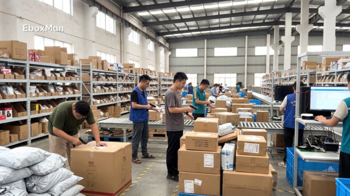 Chinese warehouse workers preparing parcels for international shipping