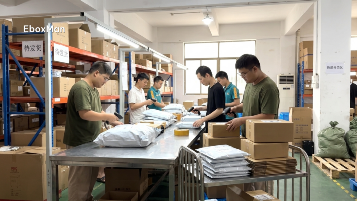 Warehouse staff scanning parcels for dropshipping order fulfillment