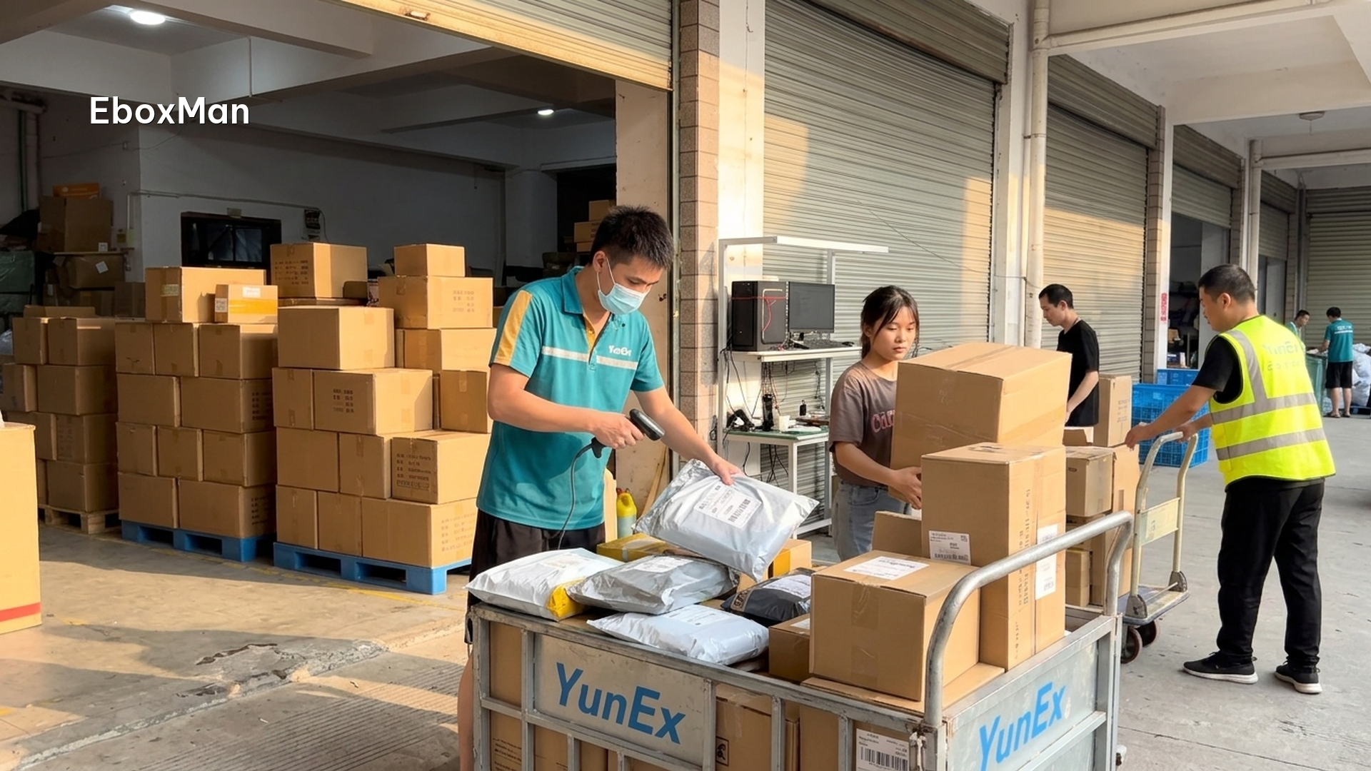 Parcels scanned and staged for outbound shipping during peak season