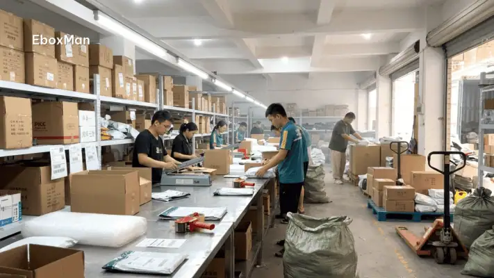 Chinese fulfillment warehouse workers packing parcels for DDP shipping from China