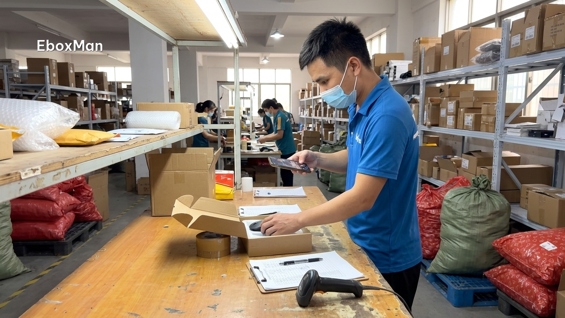 Quality control inspection desk photographing product batch before dispatch