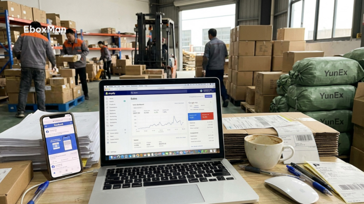 Laptop showing dropshipping ad campaign dashboard for performance max dropshipping strategy
