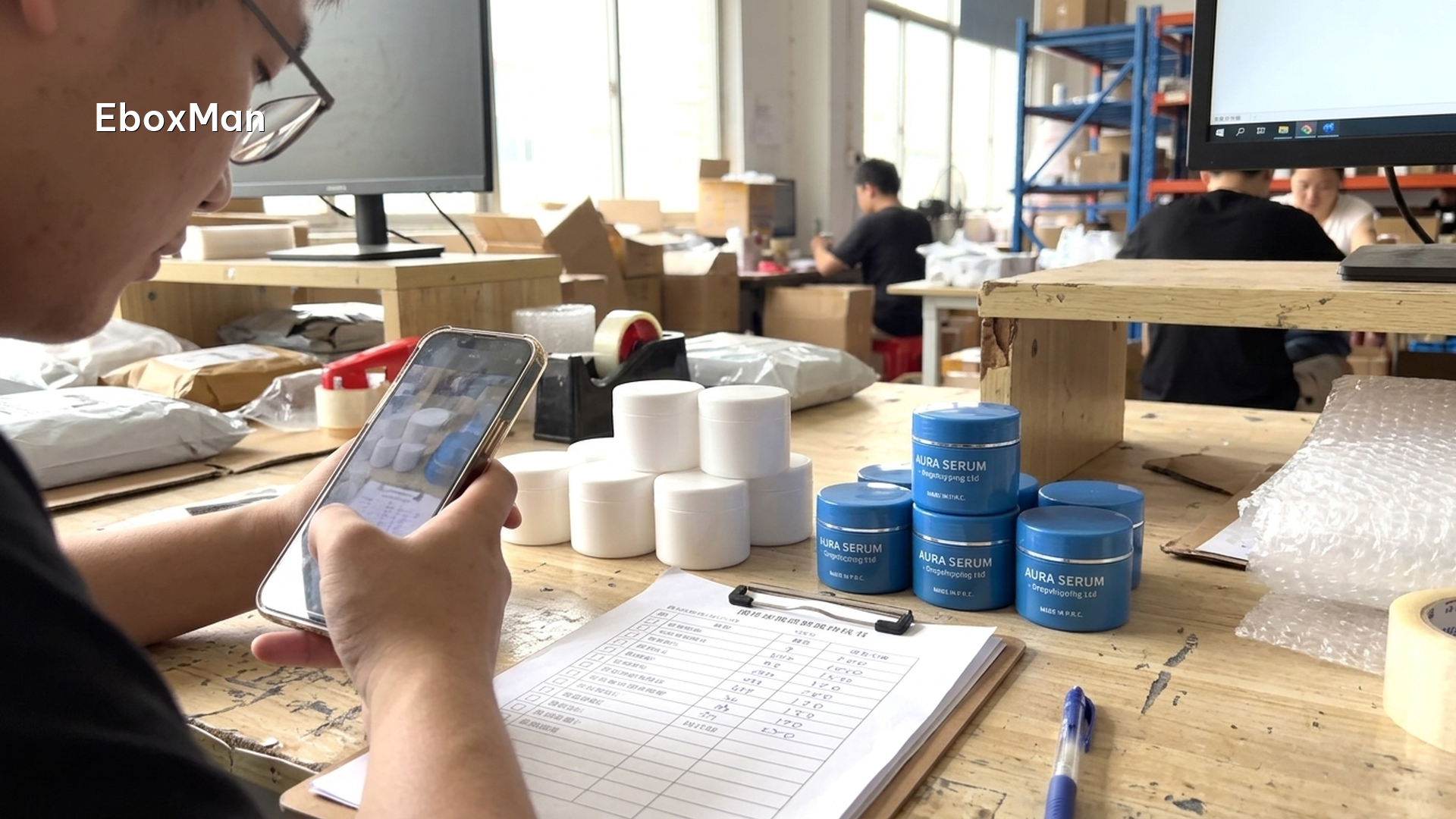 QC desk comparing unbranded and private label skincare jar packaging before dispatch