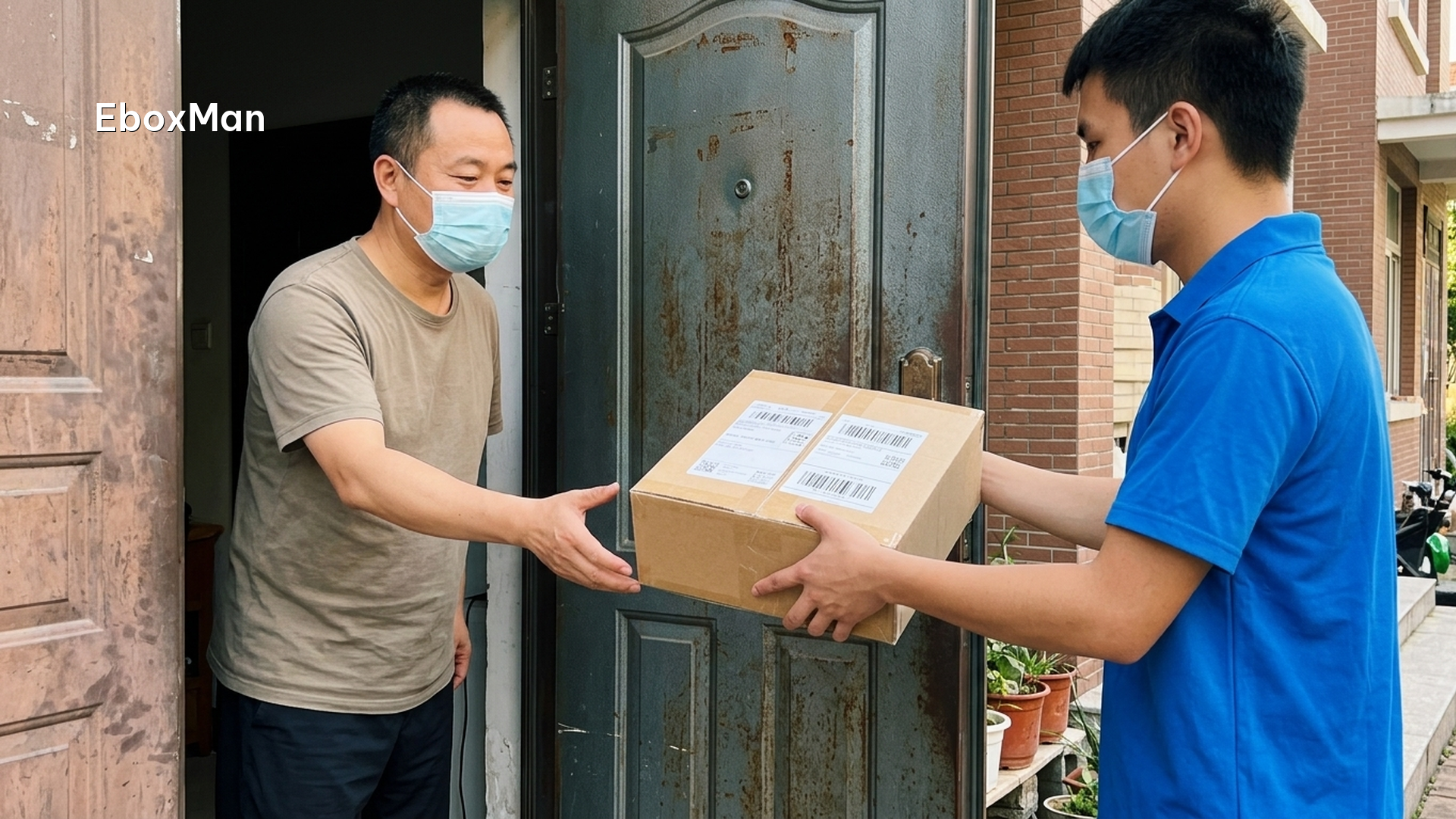 Delivery courier handing off a dropshipping parcel with visible tracking label