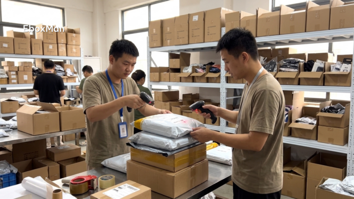 Warehouse worker scanning parcels before dispatch in a China fulfillment center