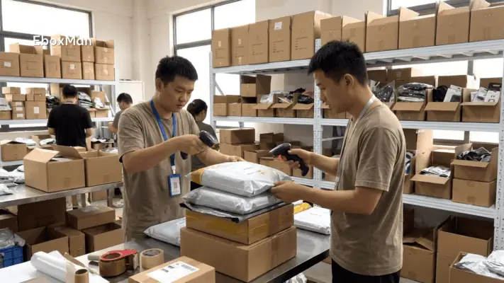 Warehouse worker scanning parcels before dispatch in a China fulfillment center