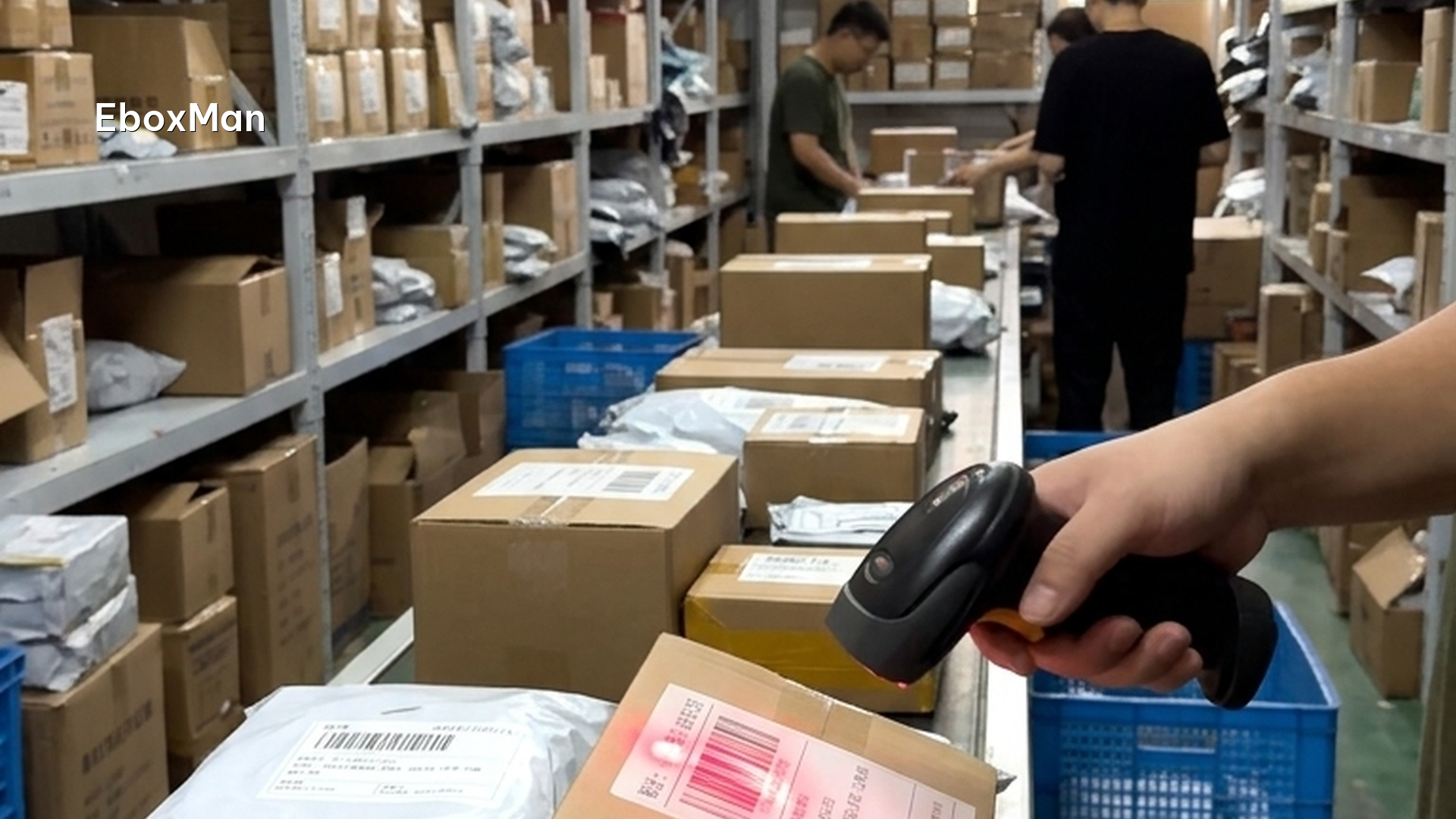 Shopify payment hold: platform risks to track in 2026 1 Worker scanning parcel barcodes on a fulfillment conveyor belt