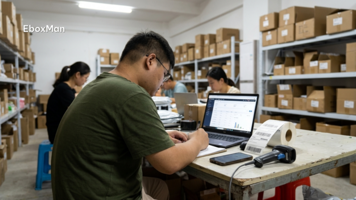 Warehouse staff checking order dashboard next to shipping labels