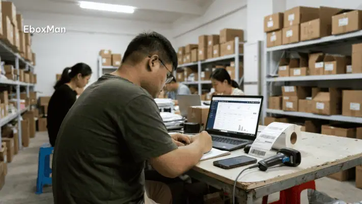 Warehouse staff checking order dashboard next to shipping labels