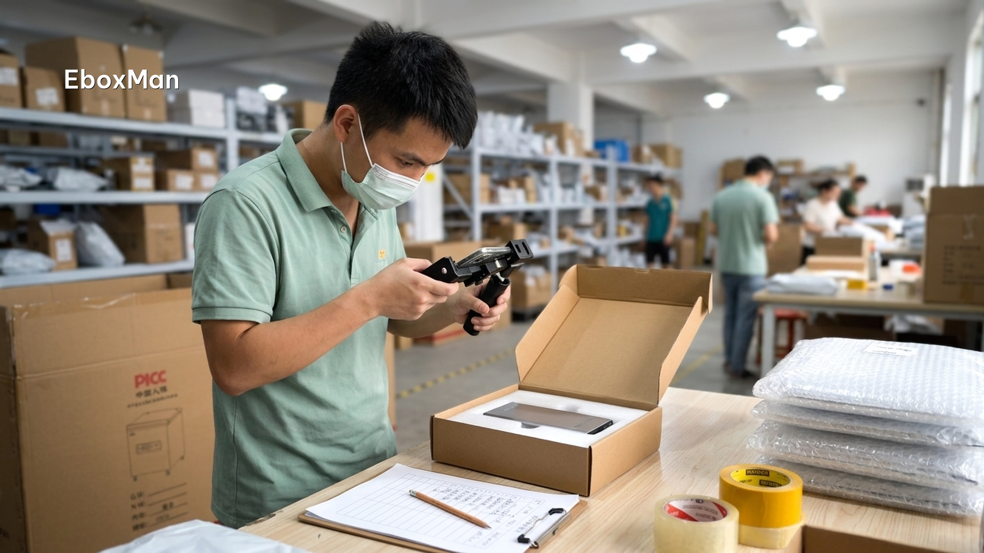 QC worker photographing a product batch before dispatch