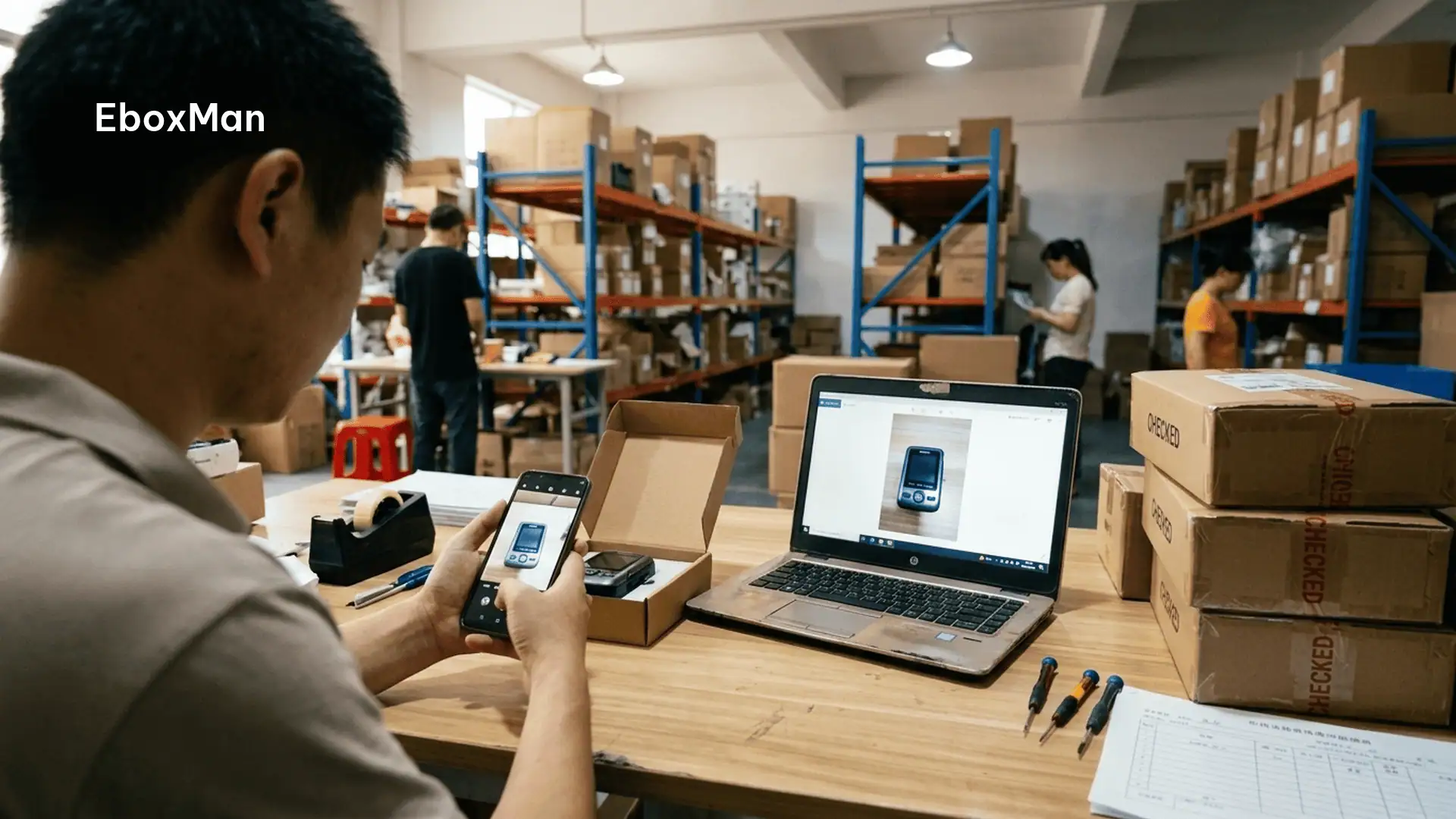 QC inspector photographing a product batch before it ships