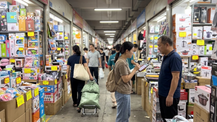 Sourcing agent negotiating with a supplier inside the Yiwu wholesale market