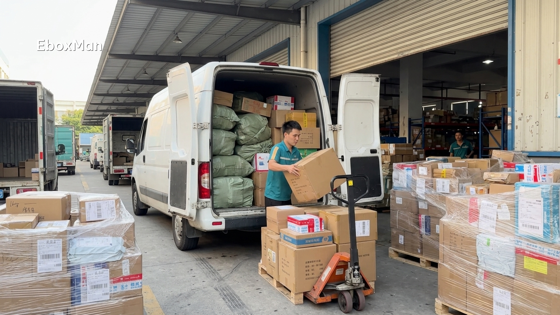 Parcels loaded for shipment at a fulfillment center loading dock