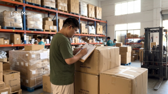 Warehouse staff checking export cartons against a packing list in a China fulfillment warehouse