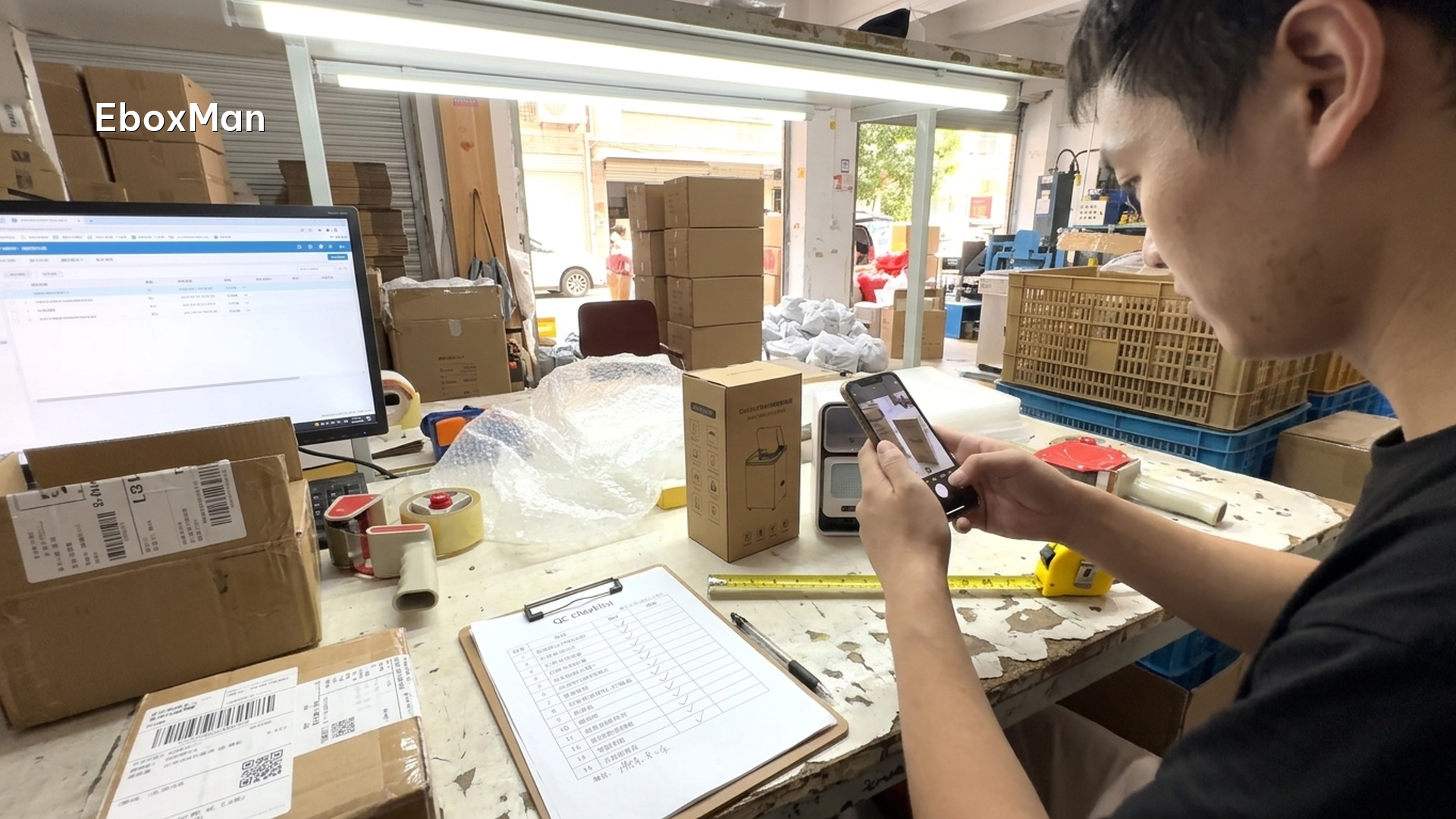 QC desk photographing a private label sample before bulk production is approved