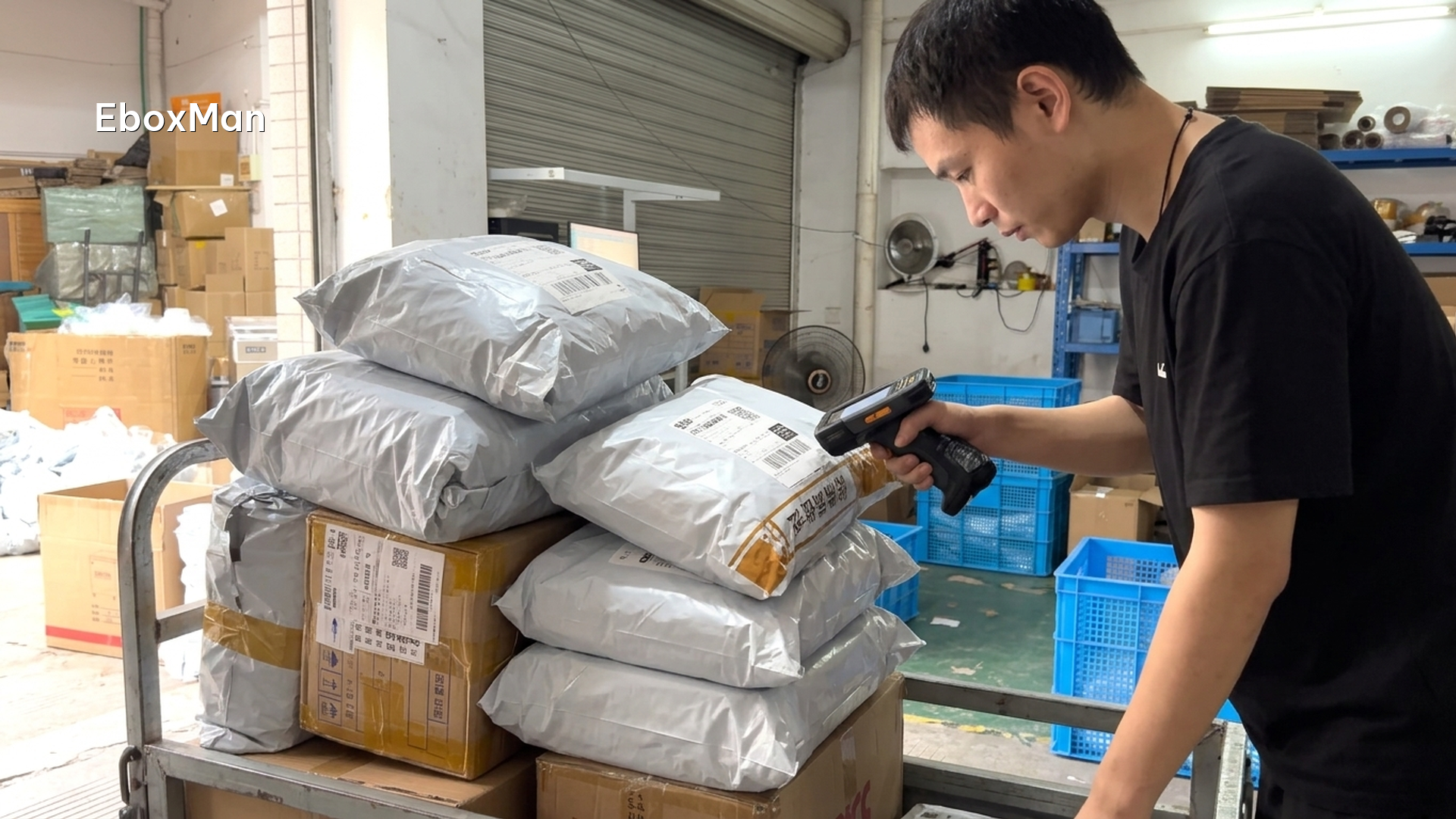 Private label parcels with real shipping labels being scanned at dispatch