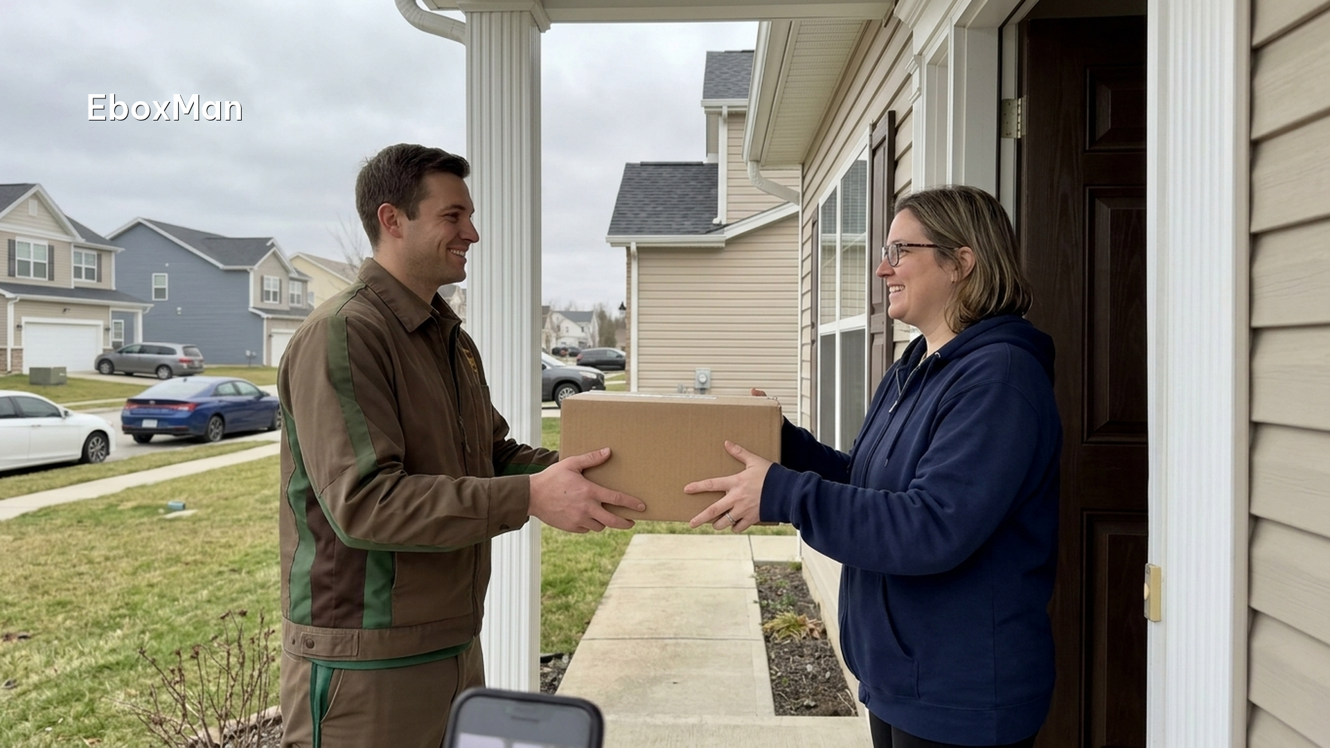 Delivery courier handing a parcel to a customer after Singles' Day shipping delays